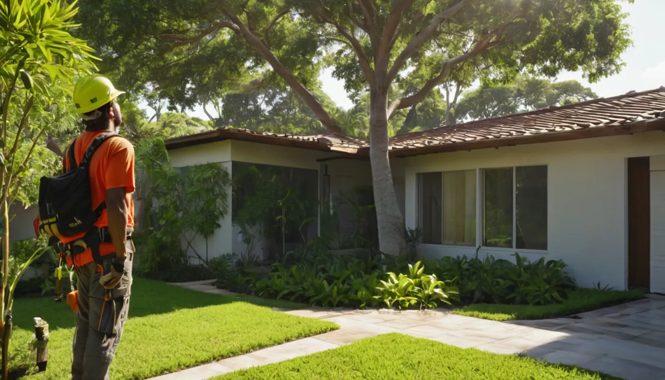 A local tree provider checking a tall tree beside a single-story home in Tampa